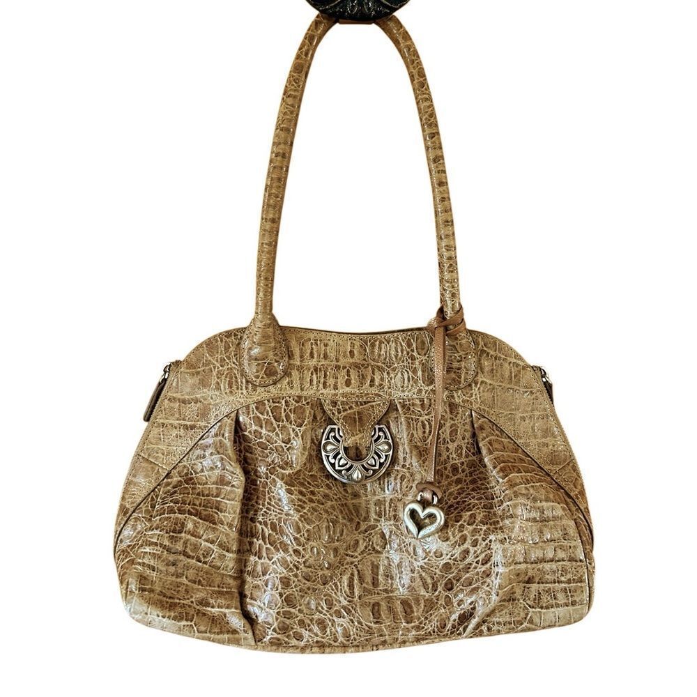 Brighton Leather Shoulder Bag Crocodile Alligator‎ Embossed Tan Brown Leather